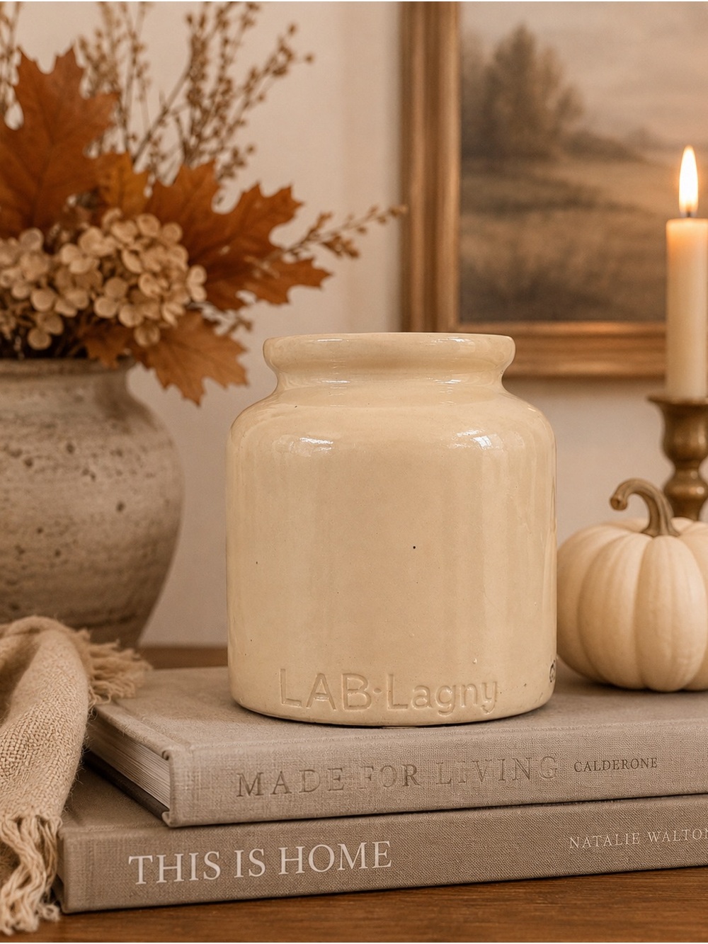 Vintage French LAB-Lagny Mustard Crock | Cream Ceramic French Country Decor